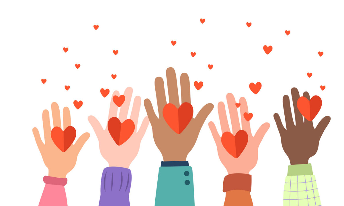 Multiple hands extending with hearts to represent a spread of love.